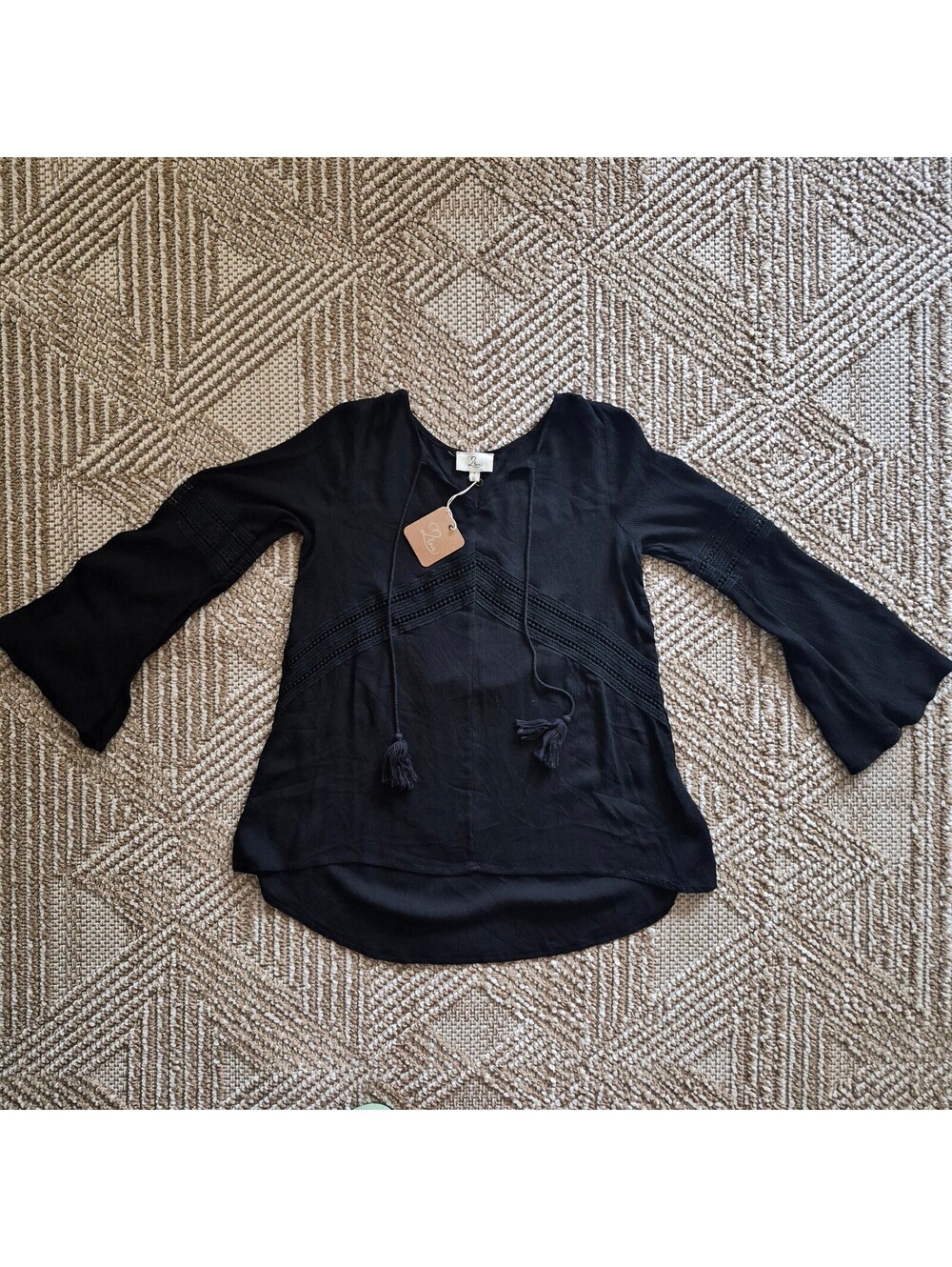 NTW Boho Chic 2 Love Black Crinkle Gauze Lace Tassel Bell Sleeve Tunic Top S M L